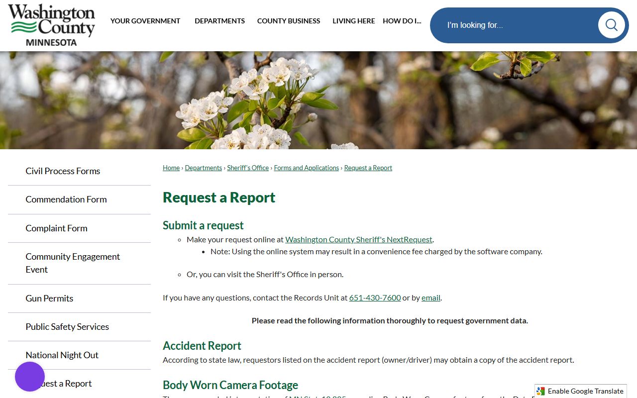 Washington County inmate records request report page